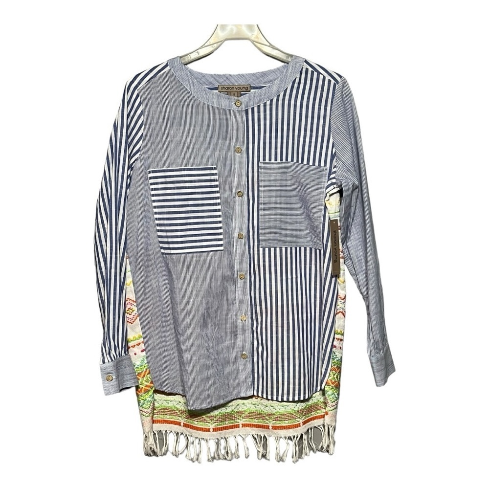 Sharon Young Coconut Grove Tunic Top Multi Color Stripes Button-Up Cotton Small